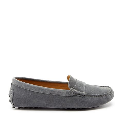Womens Penny Driving Loafers Slate Grey Suede Hugs And Co