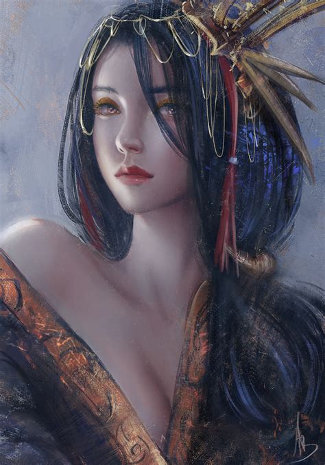 Japanese Artwork Women Portrait Looking At Viewer Fantasy Art Fantasy Girl Red Lipstick Asian