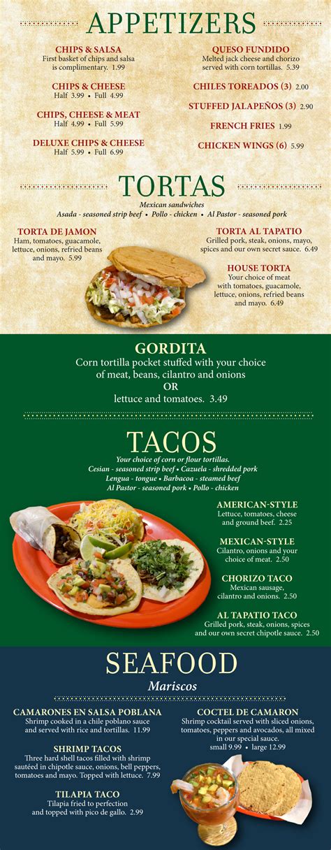 Below you will find the entire menu with prices along with. El Tapatio ~ Authentic Mexican Restaurant & Bar - Takeout Menu