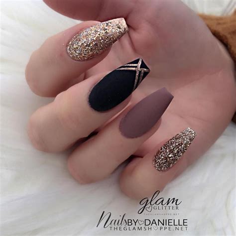 Matte Black And Brown With Gold Glitter On Coffin Nails Nail Artis