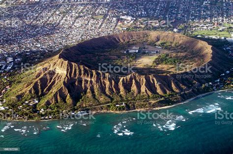 Diamond Head Oahu Hawaii Aerial View Into Crater Stock