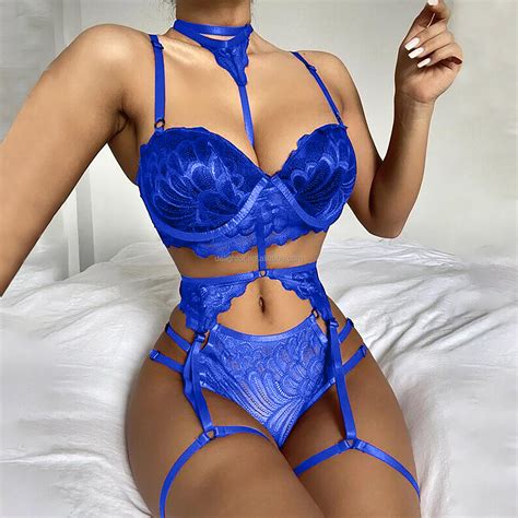 Delightor Hot Sale Women Lace Lingerie Bra Thong With Garter Underwear