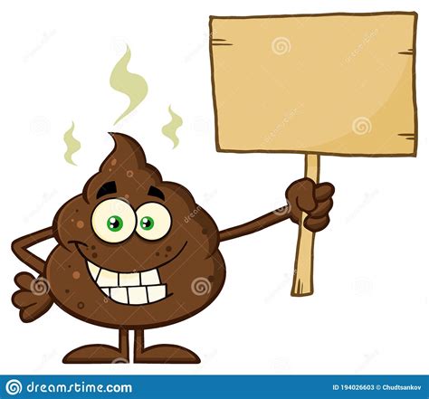 Funny Poop Cartoon Mascot Character Holding A Blank Wood Sign Stock
