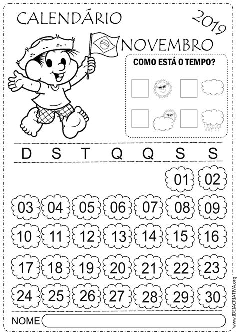 Calendários Novembro 2019 Turma Da Mônica Para Imprimir E Colorir