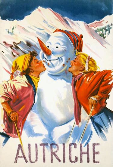 Autriche 1950 Snowman Austria Mad Men Art Vintage Ad