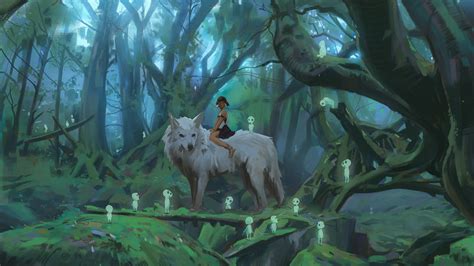 Princess Mononoke On Wolf In The Forest 1920 X 1080 Rwallpaper