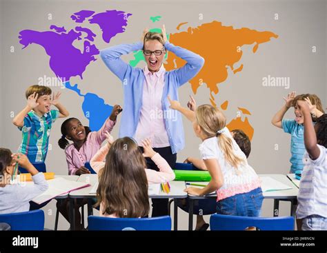 Digital Composite Of Kids In Class Shouting At Teacher And Messing In