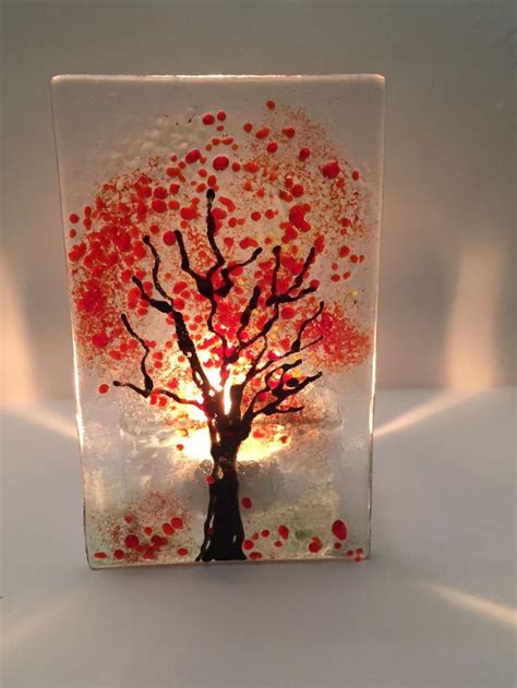 Fused Glass Tea Light Holder Autumn Candle Shield Woodland Etsy Uk Glass Fusing Projects