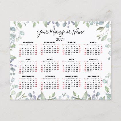 2021 blank and printable pdf calendar. Floral Greenery 2021 Calendar Your Message or Name Holiday Postcard | Zazzle.com in 2020 ...