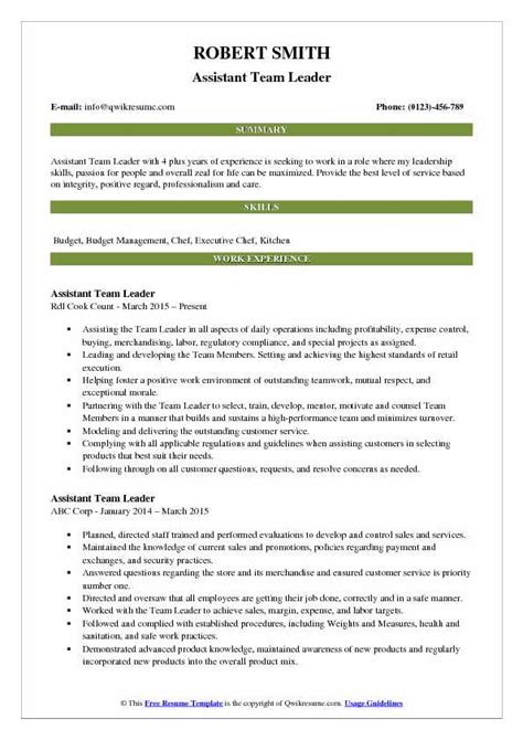 Leadership is one of the most important skills to showcase on your cv or resume. Assistant Team Leader Resume Samples | QwikResume