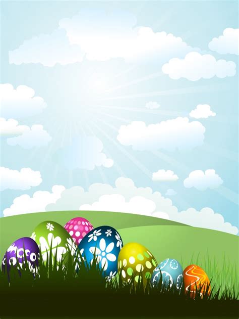 Colourful Easter Eggs In Grass On A Sunny Landscape Background Vector