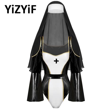 Sexy Nun Costume Women Patent Leather Bad Naughty Nun Roleplay Fancy Dress Outfit Religious