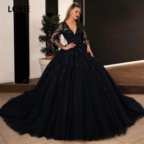 lorie ball gown black wedding dresses sequin lace appliques bridal gowns with long sleeve lace