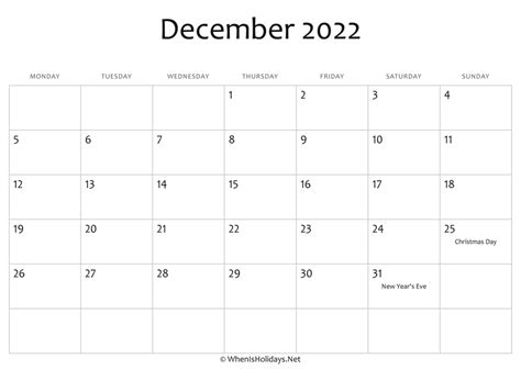 December 2022 Printable Calendar With Holidays Printable Calendar 2021