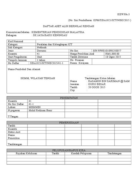 78%(18)78% found this document useful (18 votes). Borang Kew Pa 3 Aset Bernilai Rendah