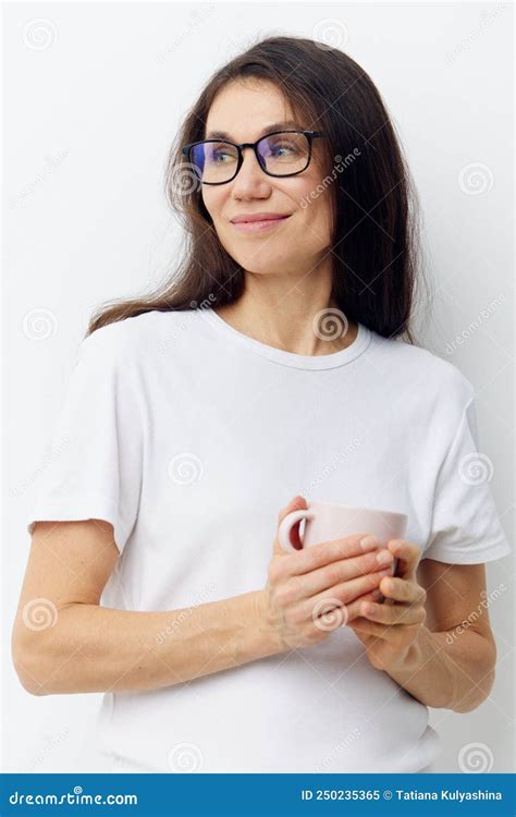 Portrait Of An Incredibly Happy Beautiful Attractive Middle Aged Brunette In Glasses And A