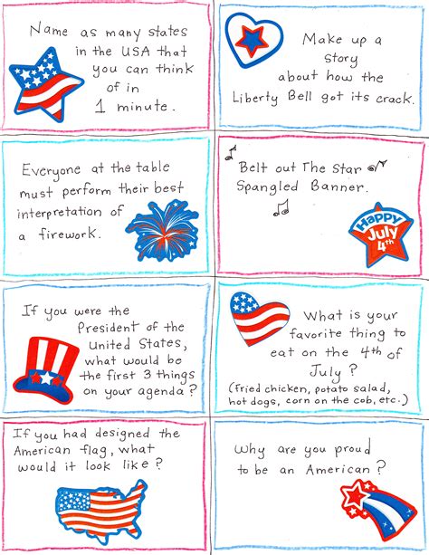 Some of the questions might seem hard. 4th of July Conversation Starter and Joke Cards - FREE Printables! - Happy Home Fairy