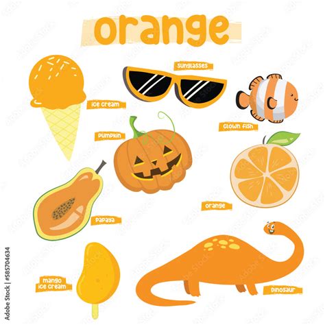 Set Of Orange Color Objects Primary Colours Flashcard With Orange