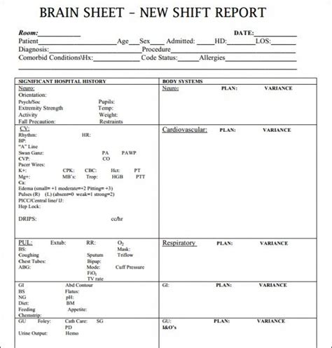 Printable Icu Nurse Brain Sheet Brain Nurse Report Sheet