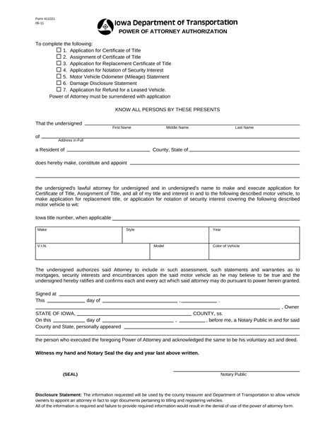 Free Iowa Motor Vehicle Power Of Attorney Form 411021 Pdf Eforms