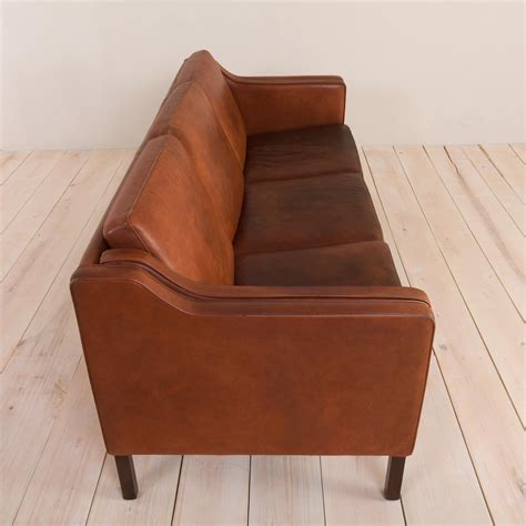 Danish Vintage Brown Leather 3 Seater Sofa In Borge Mogensen Style