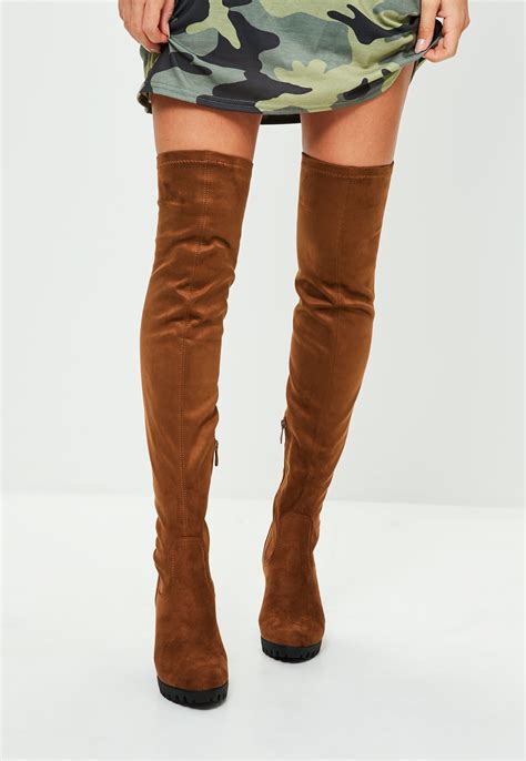 missguided tan faux suede pleated sole over the knee boots in brown lyst