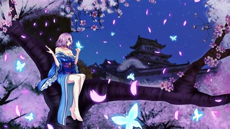 Girl Sitting On A Tree In The Anime Saigyouji Yuyuko