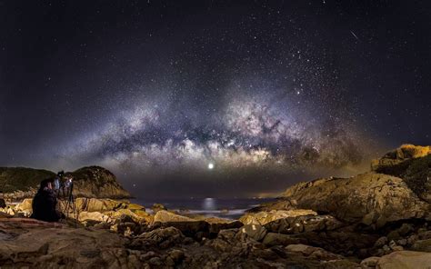 Landscape Sea Night Galaxy Rock Nature Sky Long Exposure Moon