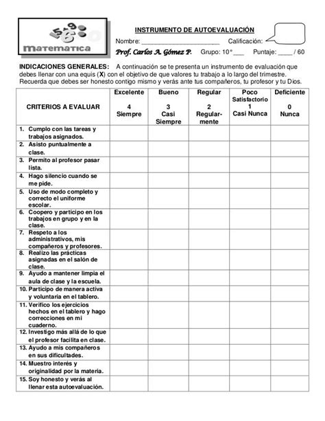 INSTRUMENTO DE AUTOEVALUACIÓN Nombre