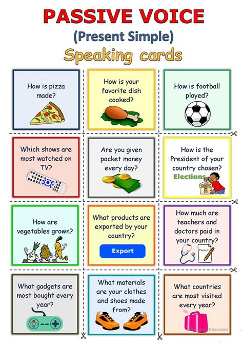 Check spelling or type a new query. PASSIVE VOICE (Present Simple) - Speaking cards - English ...