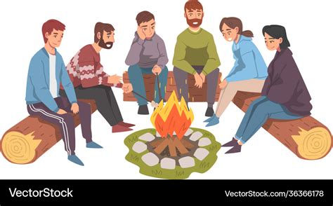 Group Friends Sitting Near Campfire Warming Vector Image