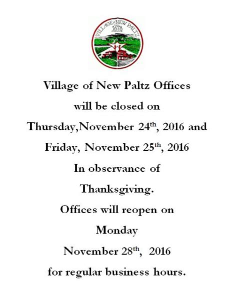 Office Closure Thanksgiving Village Of New Paltz
