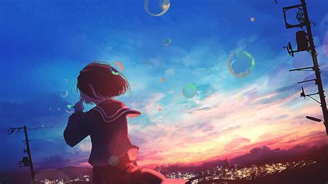Anime Scenery Girl Sunset Bubbles 4k 276 Wallpaper