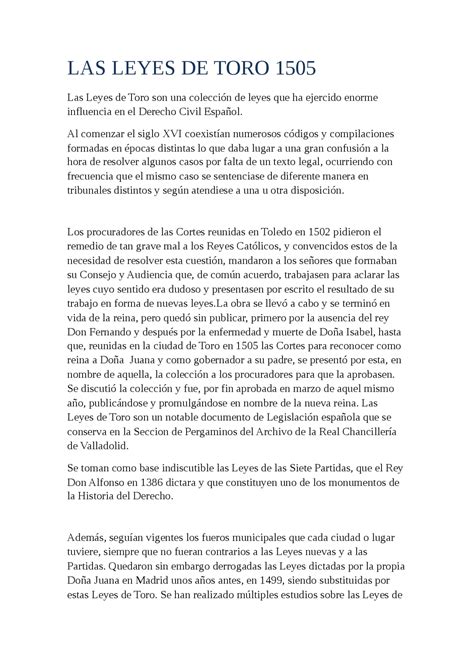 Leyes De Toro 1505 Apuntes De Historia Del Derecho Docsity