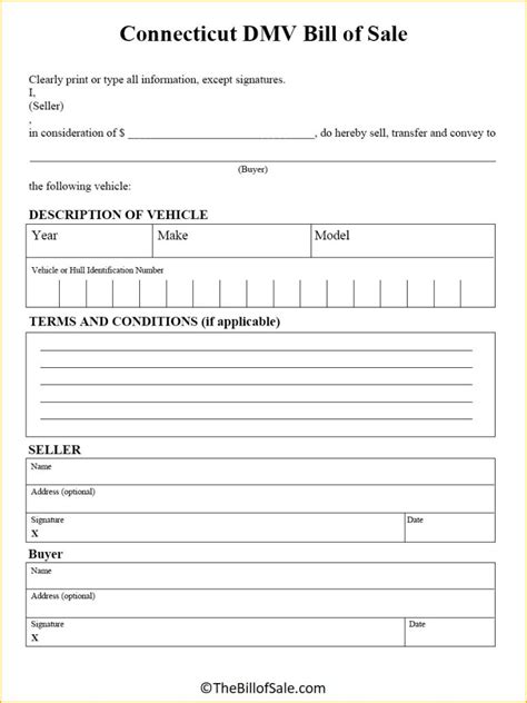 Connecticut Bill Of Sale Form For General Car Vehicle And Dmv
