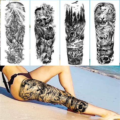 Vantaty Sheets Extra Large Full Arm Temporary Tattoos For Men Adults Tiger Snake Leopard