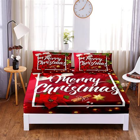Red Christmas Digital Printed 3pc Polyester Fitted Sheet Mattress Cover