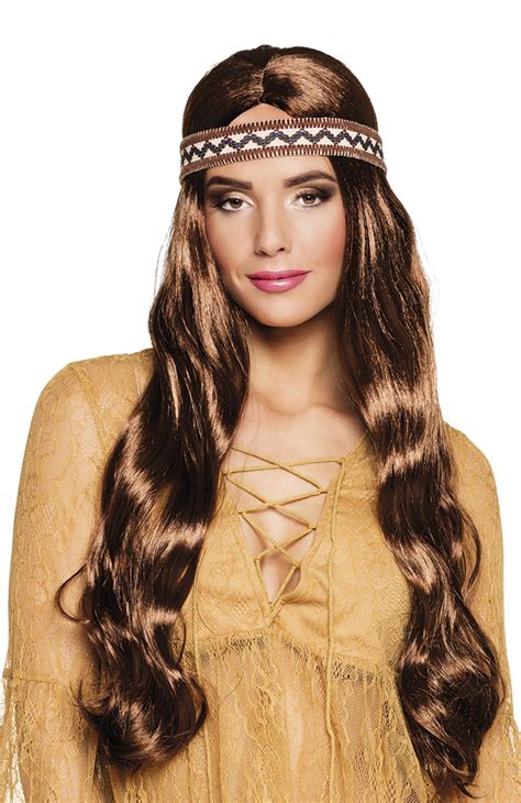 Brown Wavy Hippie Wig And Headband Ladies Fancy Dress Western Adults Costume Set Ebay