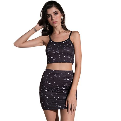 Buy Women Summer Two Piece Set Cropped Cami Top Skirt Set Cats Heads Stars