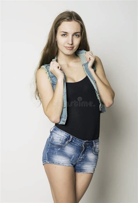 1025 Beautiful Girl Denim Shorts Jeans Jacket Stock Photos Free