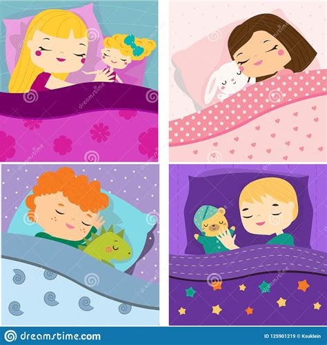 Kids Sleeping With Toys Cartoon Children In Bed Having Sweet Dreams