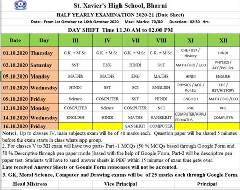 Half Yearly Examinations 2020 Timetable St Xaviers High School