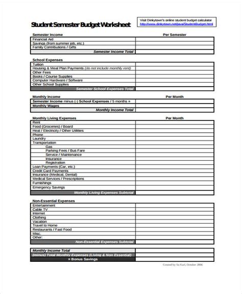 student budget template    word format