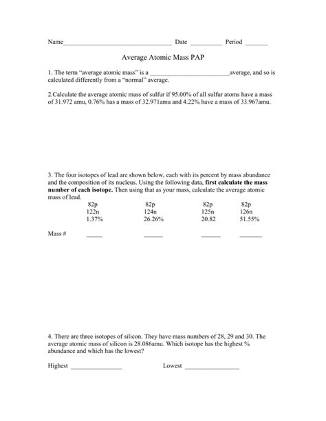 The other is 11.01 amu and is 80.1% abundant. Chemistry Average Atomic Mass Worksheet | Kids Activities