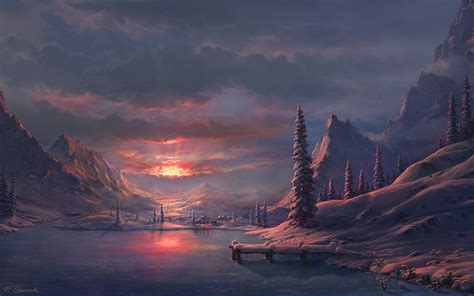 Art Paintings Nature Landscapes Winter Snow Sky Clouds Sunrise