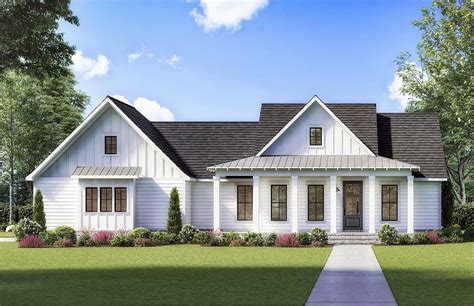 One Level Modern Farmhouse Plan With Outdoor Living Friendly Rear Porch
