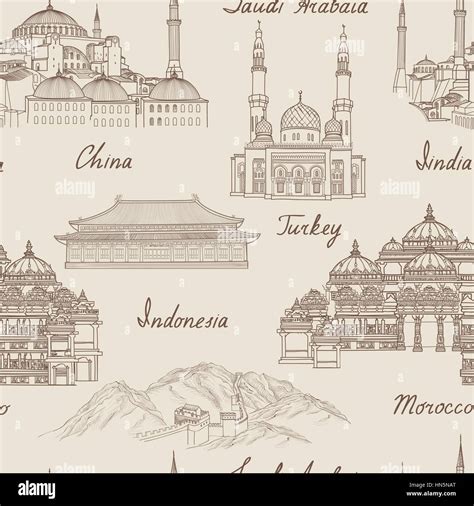 Travel Asia Background World Famous Landmark Seamless Pattern Asian Countries Traditional