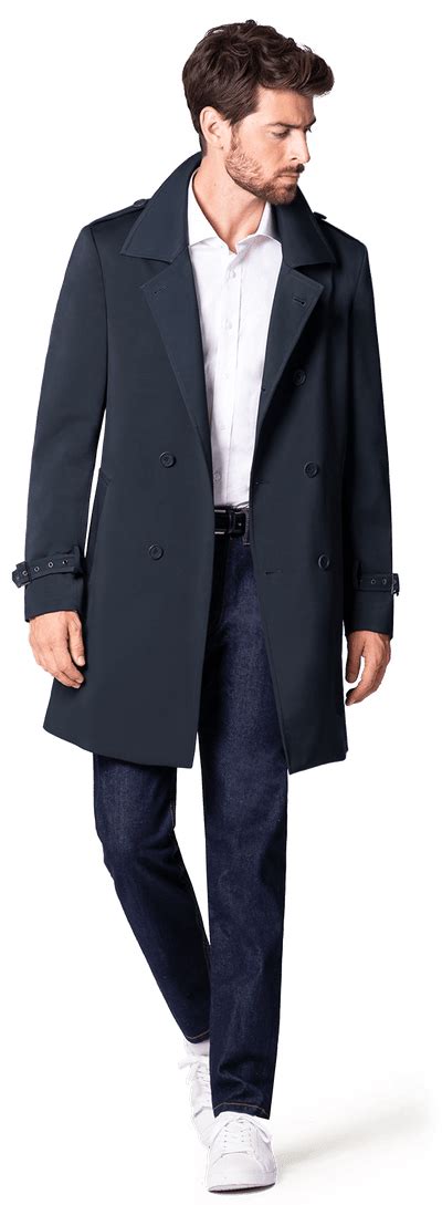 Blue Double Breasted Long Trench Coat With Epaulettes