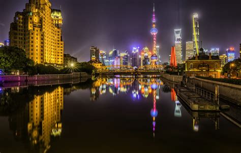 Wallpaper Bridge The City Lights China Building China Shanghai
