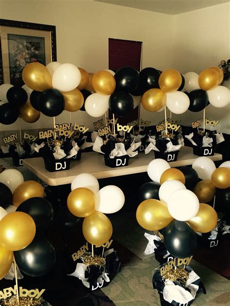 Find your hanging 50th birthday decorations, 50th birthday cutout decorations, 50th birthday table decorations, and more. Black and gold babyshower centerpieces | Birthday decorations for men, 50th birthday party ideas ...